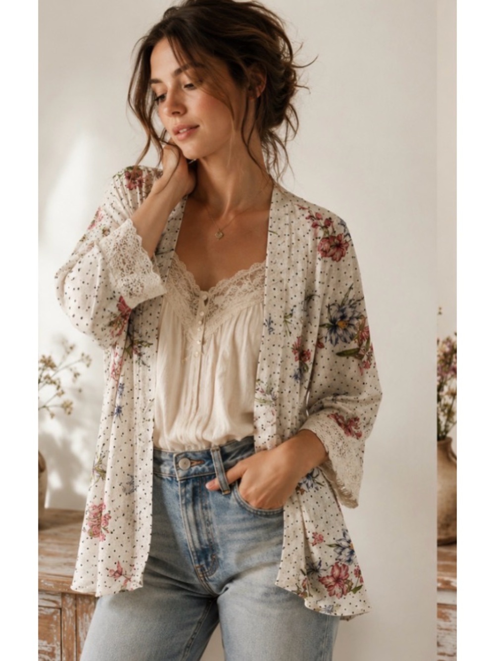 White Polka Dot Open Front Floral Feminine Cottagecore Lace Trim Cardigan Large